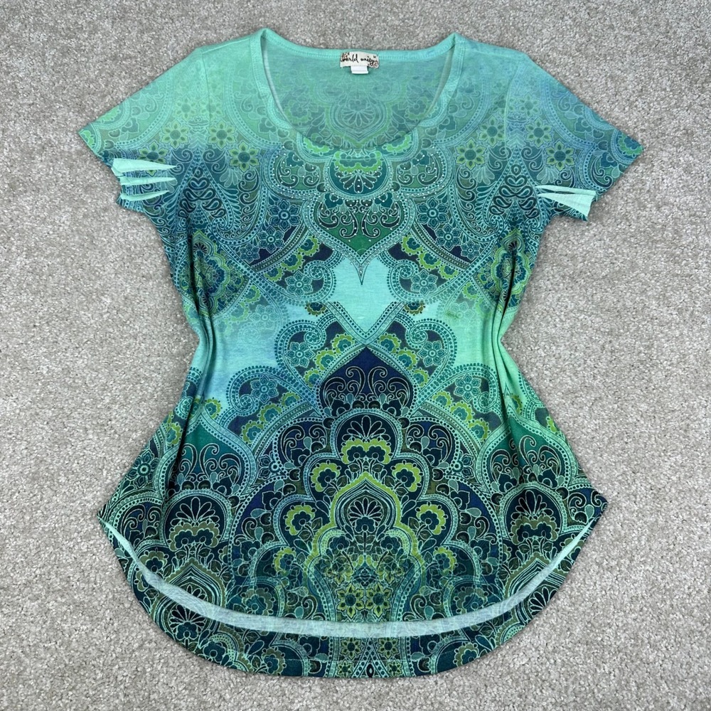 World Unity Paisley Mandala Ombre Rhinestone Boho Cutout Top Green Medium M